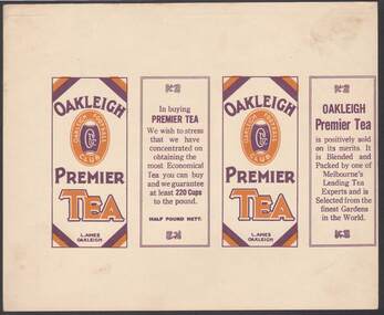 Document - CAMBRIDGE PRESS COLLECTION: LABEL - OAKLEIGH PREMIER TEA