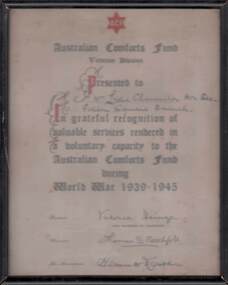 Document - LYDIA CHANCELLOR COLLECTION: AUSTRALIAN COMFORTS FUND PLAQUE