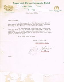 Document - LYDIA CHANCELLOR COLLECTION; 3BO LADIES TENNIS ASSOCIATION CORRESPONDENCE