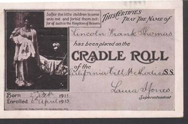 Document - F THOMAS COLLECTION: DOCUMENT CERTIFYING F THOMAS WAS PLACED UPON CRADLE ROLL