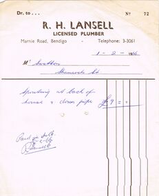 Document - J W SWATTON COLLECTION: R.H. LANSELL ACCOUNT