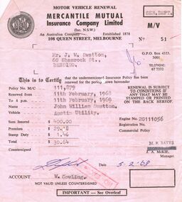 Document - J W SWATTON COLLECTION: MERCANTILE MUTUAL RECEIPT