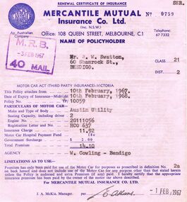 Document - J W SWATTON COLLECTION: MERCANTILE MUTUAL RECEIPT