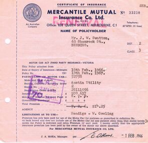 Document - J W SWATTON COLLECTION: MERCANTILE MUTUAL RECEIPT