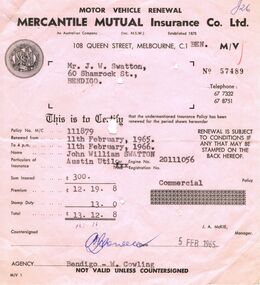 Document - J W SWATTON COLLECTION: MERCANTILE MUTUAL RECEIPT