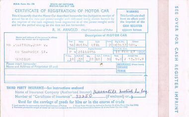 Document - J W SWATTON COLLECTION: CERTIFICATE OF REGISTRATION OF MOTOR CAR