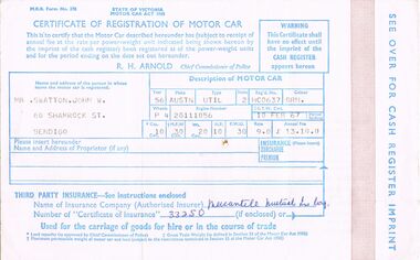 Document - J W SWATTON COLLECTION: CERTIFICATE OF REGISTRATION OF MOTOR CAR