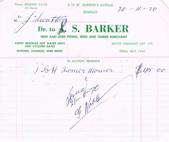 Document - J W SWATTON COLLECTION: J.S. BARKER ACCOUNT