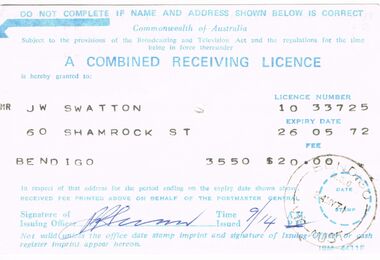 Document - J W SWATTON COLLECTION: RECEIVING LICENCE