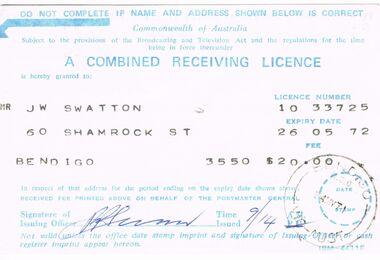 Document - J W SWATTON COLLECTION: RECEIVING LICENCE