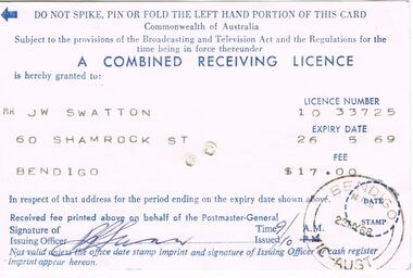 Document - J W SWATTON COLLECTION: RECEIVING LICENCE