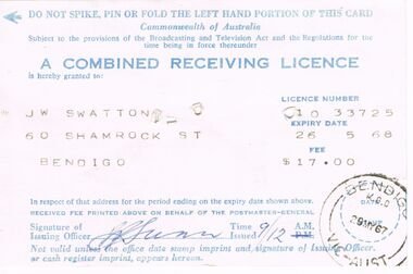 Document - J W SWATTON COLLECTION: RECEIVING LICENCE