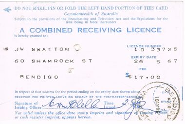 Document - J W SWATTON COLLECTION: RECEIVING LICENCE