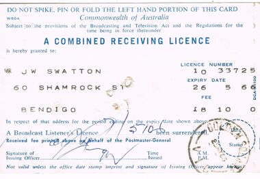 Document - J W SWATTON COLLECTION: RECEIVING LICENCE