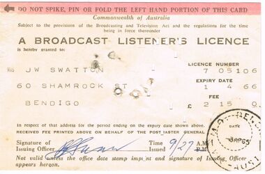 Document - J W SWATTON COLLECTION: BROADCAST LISTENERS LICENCE