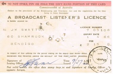 Document - J W SWATTON COLLECTION: BROADCAST LISTENERS LICENCE