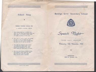 Document - BENDIGO GIRL SCHOOL 1953 SPEECH NIGHT PROGRAMME