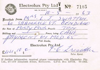 Document - J W SWATTON COLLECTION: ELECTROLUX RECEIPT