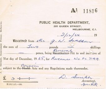 Document - J W SWATTON COLLECTION: PUBLIC HEALTH DEPARTMENT RECEIPT