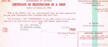 Document - J W SWATTON COLLECTION: CERTIFICATE OF REGISTRATION OF A SHOP