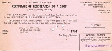 Document - J W SWATTON COLLECTION: CERTIFICATE OF REGISTRATION OF A SHOP