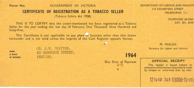 Document - J W SWATTON COLLECTION: CERTIFICATE OF REGISTRATION AS TOBACCO SELLER