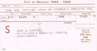 Document - J W SWATTON COLLECTION: CITY OF BENDIGO RATE NOTICE
