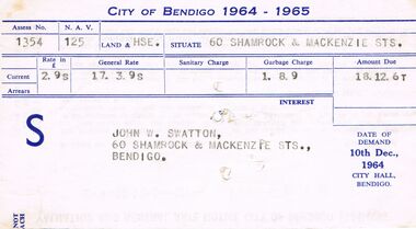 Document - J W SWATTON COLLECTION: CITY OF BENDIGO RATE NOTICE