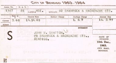 Document - J W SWATTON COLLECTION: CITY OF BENDIGO RATE NOTICE