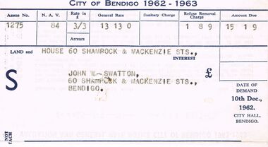 Document - J W SWATTON COLLECTION: CITY OF BENDIGO RATE NOTICE
