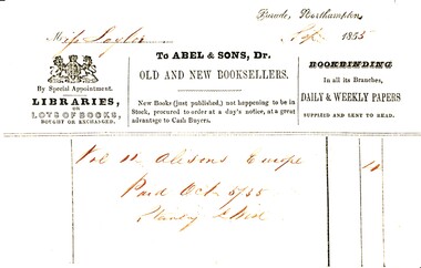 Document - JAMES TAYLOR COLLECTION: RECEIPT TO MISS TAYLOR, 1855