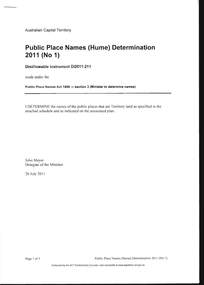 Document - PUBLIC PLACE NAMES (HUME) DETERMINATION 2011, 20 July 2011