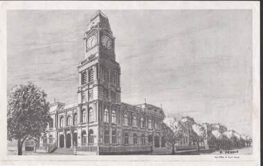 Artwork,other - NORM HARRIS COLLECTION: CHARCOAL SKETCH OF POST OFFICE & COURT HOUSE   BY R. HEDDLE