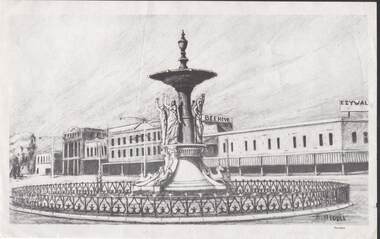 Artwork,other - NORM HARRIS COLLECTION: CHARCOAL SKETCH OF BENDIGO PALL MALL, FOUNTAIN AND BEEHIVE  BY R. HEDDLE