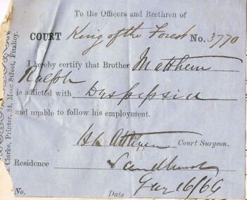 Document - ANCIENT ORDER OF FORESTERS NO. 3770 COLLECTION: CORRESPONDENCE