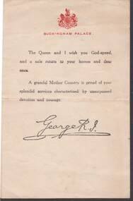 Document - KING GEORGE SAFE RETURN HOME LETTER