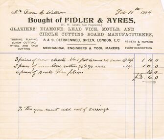 Document - OWEN WILLIAMS COLLECTION: FIDLER & AYRES (LONDON) INVOICE, 10/02/1905