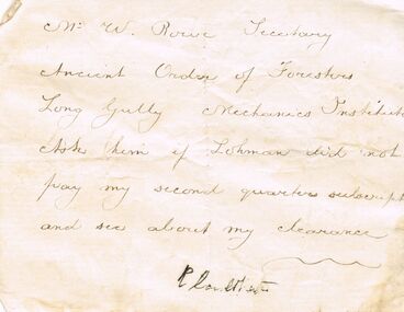 Document - ANCIENT ORDER OF FORESTERS NO. 3770 COLLECTION: CORRESPONDENCE