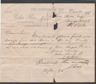 Document - COHN BROTHERS COLLECTION: HANDWRITTEN NOTE DATED 1896
