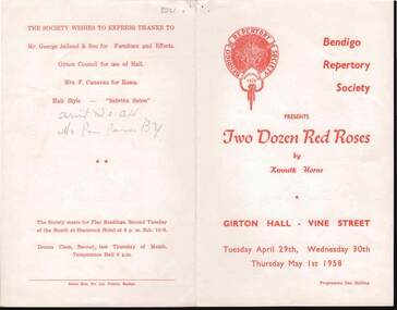 Document - BENDIGO REPERTORY SOCIETY PROGRAM, 29,30-4; 1-5-1958
