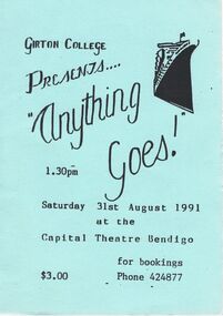 Document - GIRTON COLLEGE PRESENTING ANYTHING GOES, CAPITAL THEATRE BENDIGO, 27 August, 1991