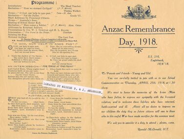 Document - ANZAC REMEMBRANCE DAY, 1918:  STATE SCHOOL EAGLEHAWK NO 210