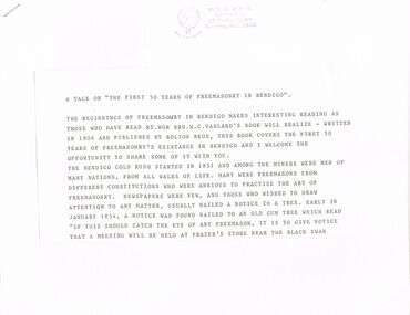 Document - TEXT OF TALK:  THE FIRST 50 YEARS OF FREEMASONRY IN BENDIGO