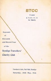 Document - SOUVENIR MENU:  BTCC (BENDIGO TRAVELLERS' CHARITY CLUB)  DINNER, 1936 11 YEARS, 30th May