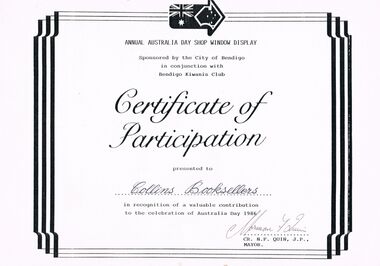 Document - ''CERTIFICATE OF APPRECIATION'': (ANNUAL AUSTRALIA DAY SHOP WINDOW DISPLAY)