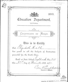 Document - CERTIFICATE OF MERIT (SIXTH CLASS): EDUUCATION DEPARTMENT, VICTORIA