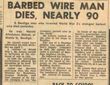 Newspaper - ABBOTT COLLECTION: H. A. ABBOTT DEATH
