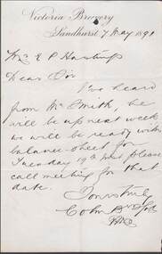 Document - COHN BROTHERS COLLECTION: HANDWRITTEN NOTE DATED 1891
