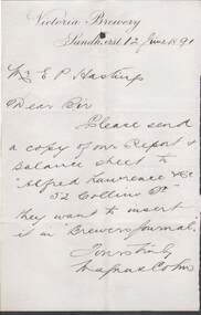 Document - COHN BROTHERS COLLECTION: HANDWRITTEN NOTE DATED 1891