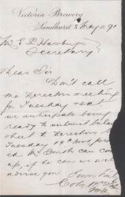 Document - COHN BROTHERS COLLECTION: HANDWRITTEN NOTE DATED 1891